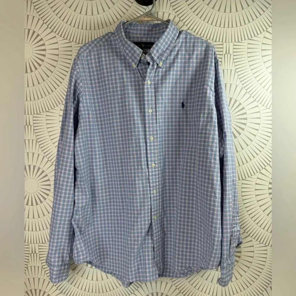 Ralph Lauren MENS Button Up Button Collar Long Sleeve Shirt Size XXL Blue/Pink